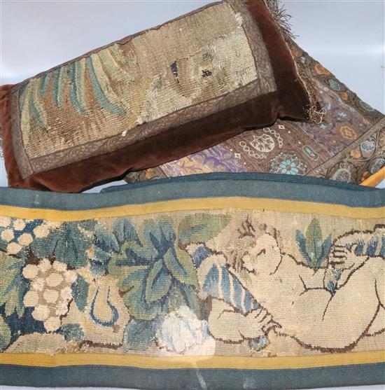 Verdu Tapestry fragments and antique metal thread covered cushions